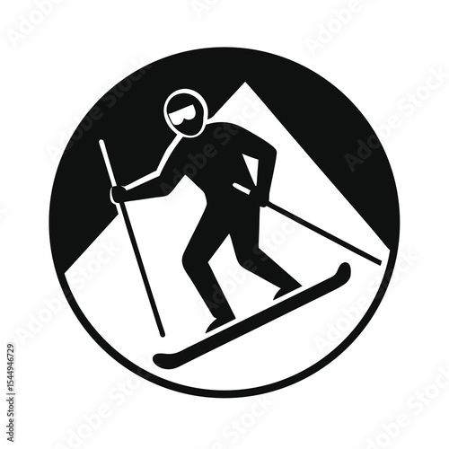 Skiing pictogram in black and white circle