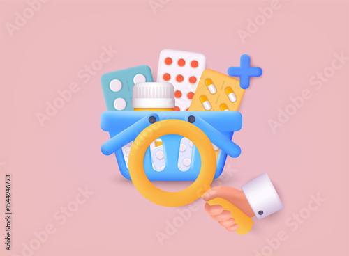 Searching medicaments. 3d shopping cart with different pills for first help. Medicine collection concept.3D Web Vector Illustrations.
