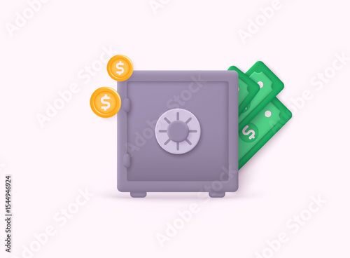 Safe with golden coins and money. 3D Web Vector Illustrations.
