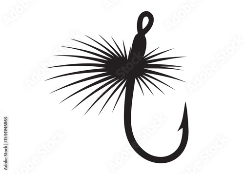 Black silhouette of a fly fishing logo vector, fly fishing lure logo icon silhouette, fly fishing hook silhouette, fly fishing flies silhouette vector design on white background