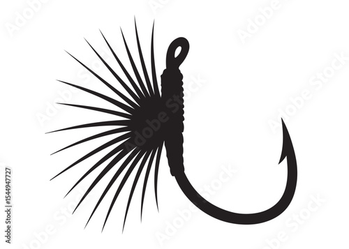 Black silhouette of a fly fishing logo vector, fly fishing lure logo icon silhouette, fly fishing hook silhouette, fly fishing flies silhouette vector design on white background