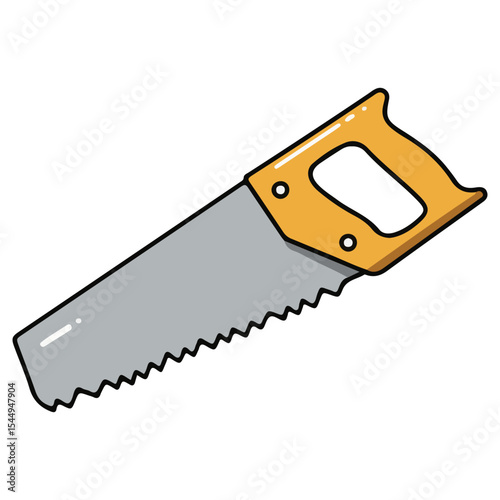A cartoon illustration of a hand saw with a yellow handle. A common tool icon for woodworking, construction, cutting, and DIY projects. Simple graphic for hardware or craft themes.