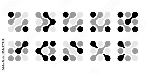 Abstract connected circles and dots icon. Integrate innovate logo, vector technology shape. Neuron Nano molecula, artificial brain symbol. Network science data, metaball design. Organic medical liquid