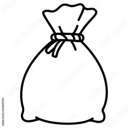 A simple black and white line art illustration of a tied money bag or sack. Symbolizes wealth, savings, banking, or profit. A classic icon for finance and economic concepts.