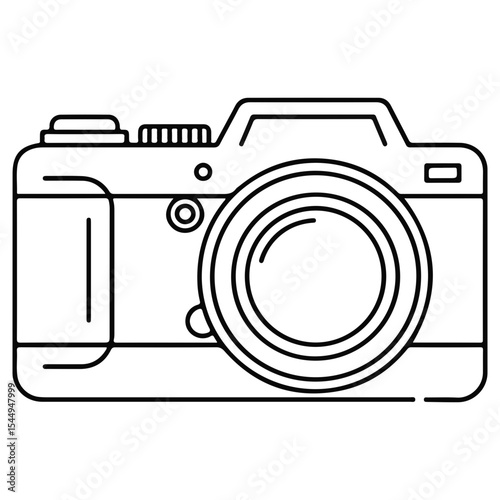 A black and white line art illustration of a retro film camera. Minimalist outline style. Ideal for photography logos, coloring pages, or as a stylish technology icon.