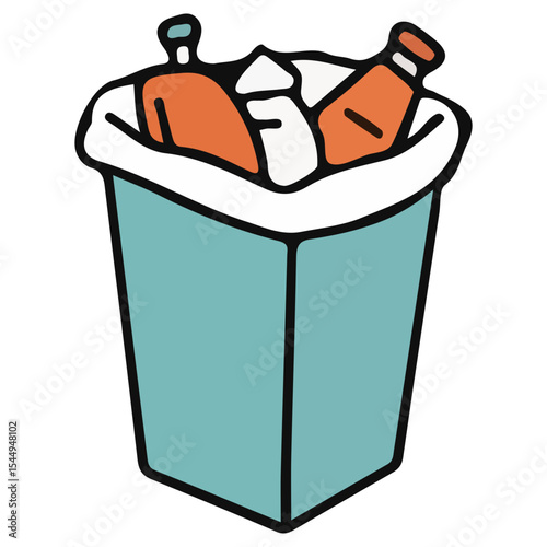 A blue recycling bin or trash can filled with plastic and glass bottles. Represents waste disposal and environmental consciousness. A clear icon for public spaces or eco-initiatives.