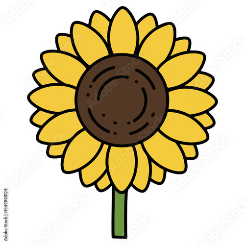 A bright, cheerful cartoon sunflower with a brown center and yellow petals. Represents summer, nature, happiness, and growth. Perfect for gardens, farms, and positive-themed designs.