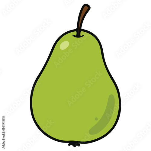 A simple cartoon illustration of a ripe green pear with a small stem. Represents healthy eating, fresh fruit, and nature's harvest. Ideal for food blogs or grocery store flyers.