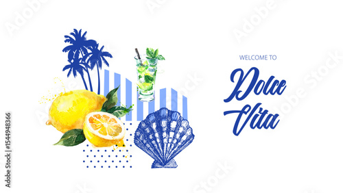 Hand drawn background with watercolor tropical cocktail, lemon, sketch seashell, palms. Dolce vita summer vibe. Collage mixed style vector illustration
