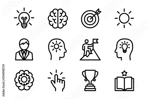 A Set of 12 Black and White Line Art Icons Ideas, Success, and Achievement