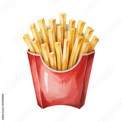 A Watercolor Illustration of Crispy French Fries in a Red Carton