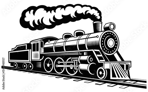 Vintage Steam Train A Black and White Woodcut Illustration