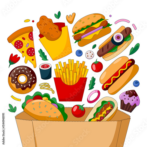 A Colorful Illustration of Various Fast Foods Burgers, Pizza, Fries, and More!