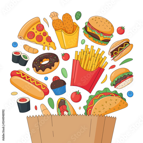 A Colorful Illustration of Various Fast Foods Burgers, Pizza, Fries, and More!