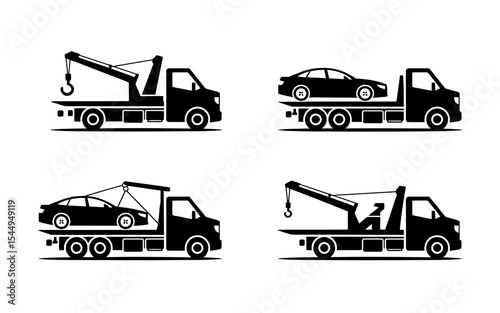 Four Black and White Silhouette Tow Truck Illustrations A Set of Versatile Designs