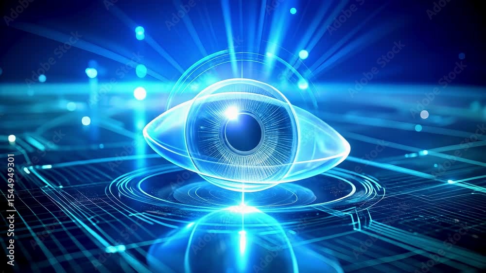 Digital translucent augmented reality contact lens hovering above a glowing tech interface, symbolizing futuristic vision enhancement and wearable smart tech.
