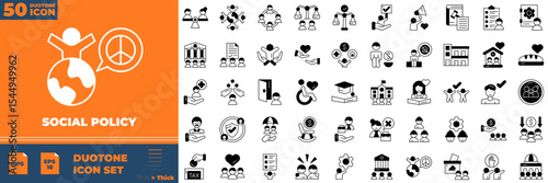 Social Policy Duotone Editable Icons set. Vector illustration in modern thin duotone style of social policy icons: education, insurance, law, goverment, etc