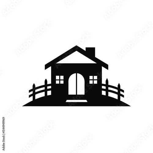 Simple House Icon Black Silhouette Illustration of a Home with Fence on a Hill