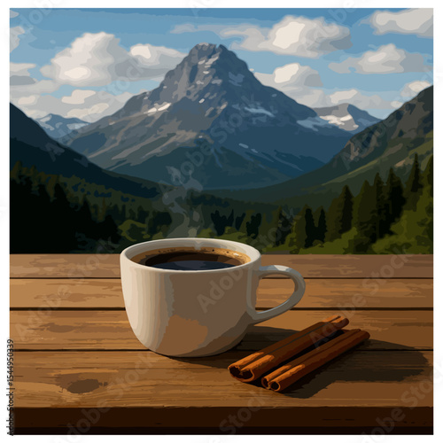 Cup of coffee with cinnamon and beautiful mountain
