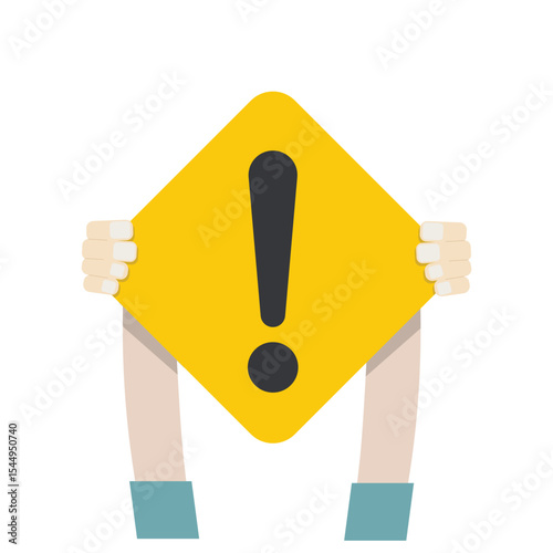 Isolated illustration of a hand holding Exclamation caution board to indicate warning and protection