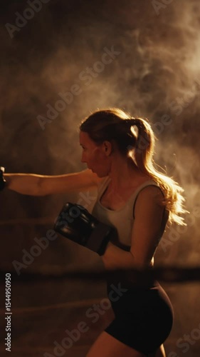 Self-defense classes for women, be strong and powerful, young lady training. Slender woman striking punching bag, practicing alone in fitness club, motivated sportsperson developing endurance of body