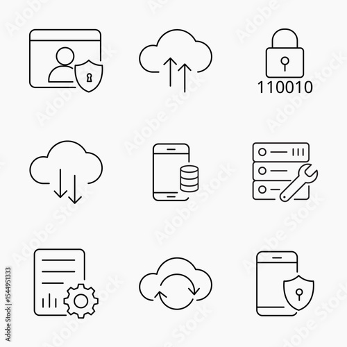 Simple outline icons representing cloud storage, data syncing, mobile security and server maintenance, Great for IT cloud services and digital safety visuals