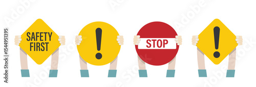 Isolated illustration of a hand holding Safety First sign, Stop sign, and Exclamation caution board to indicate warning and protection