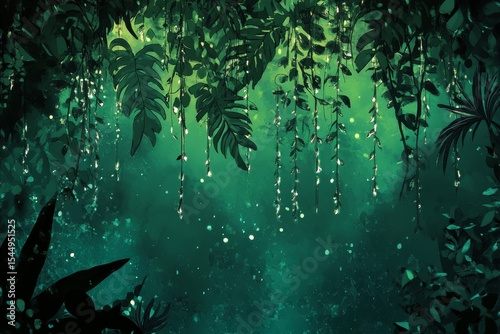 Large exotic plants thrive in a dark tropical forest during rain, with a green background, as imagined by AI