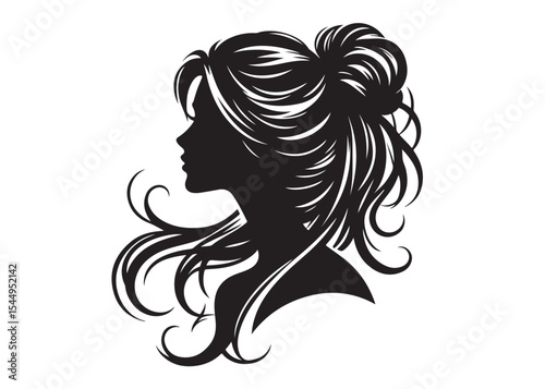 woman hairstyle logo silhouette vector illustration, hair salon logo icon vector silhouette, beauty long hair woman logo silhouette, beauty woman long hair silhouette on white background