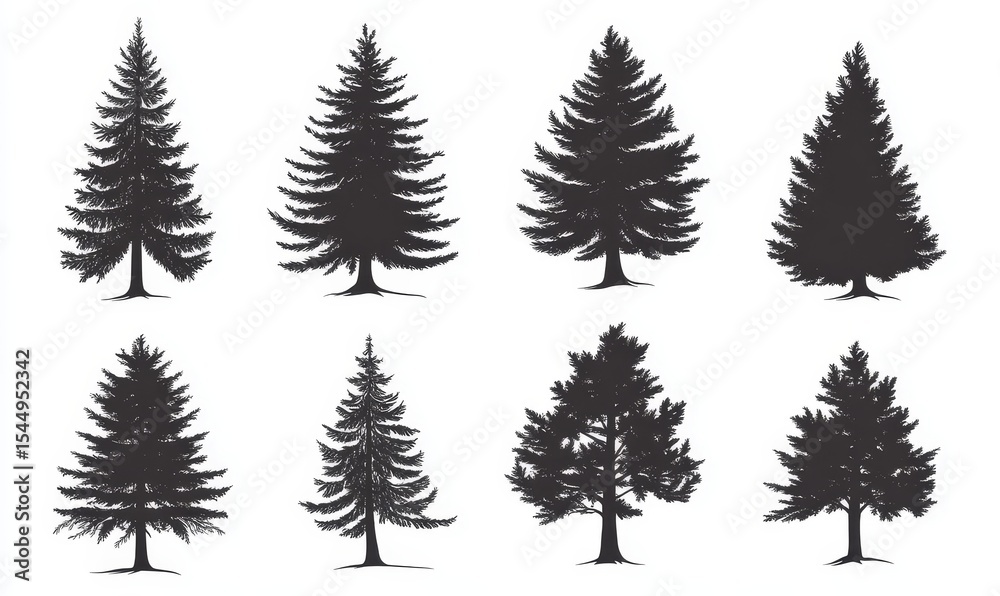 Obraz premium Black evergreen woods provide a dramatic backdrop for the silhouettes of fir trees, showcased in a modern illustration of coniferous spruce and pine