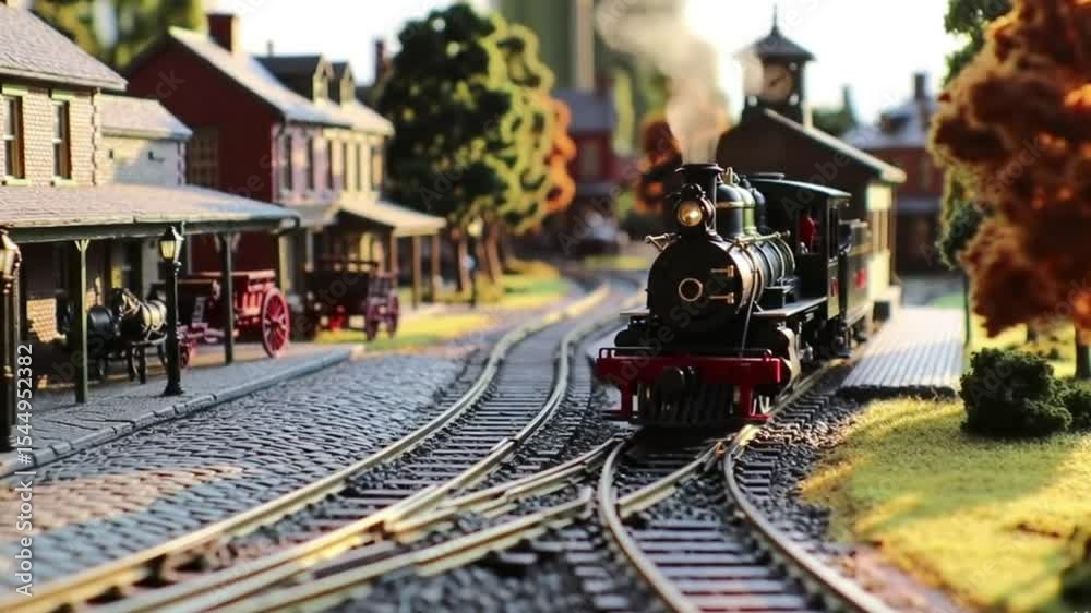 Miniature Classic City with Train. Diorama Model Animation of Vintage Urban Scene