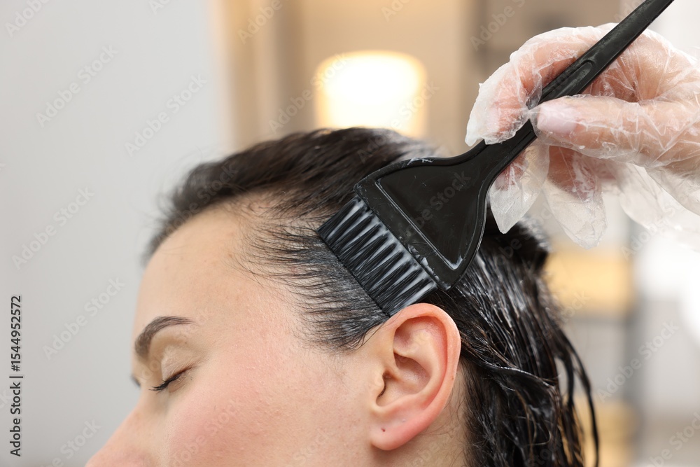 Fototapeta premium Hairdresser dyeing woman's hair in salon, closeup