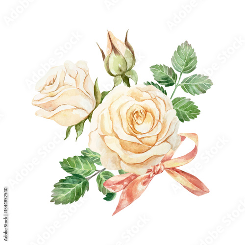 Roses peach watercolor. Hand drawn vector illustration of a beautiful bouquet of pastel flowers with a red bow. Birthday greeting cards, Valentines Day, wedding invitations, banners, posters, labels.