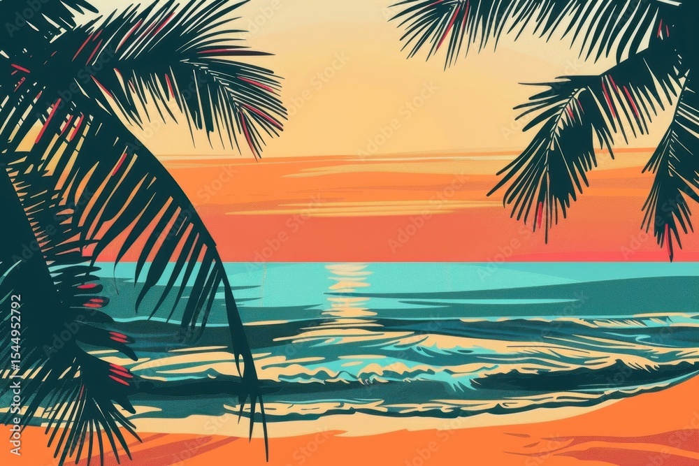 Fototapeta premium Vibrant Sunset Beach Scene with Tropical Palm Shadows