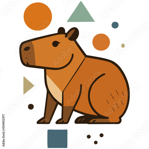 A stylized illustration of a capybara in orange tones on a beige background, surrounded by geometric shapes like circles, triangles, and rectangles in vibrant colors.