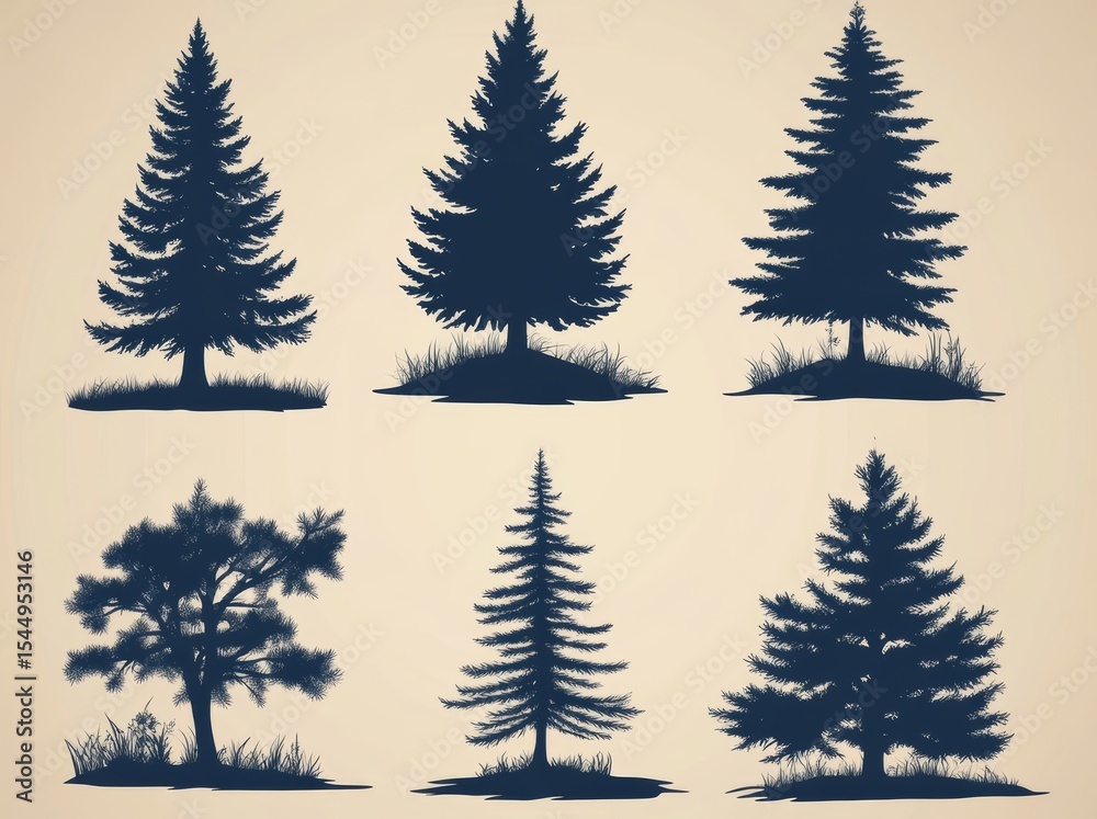 Obraz premium Evergreen coniferous forest trees are showcased in a modern illustration that features vintage trees and forest silhouettes in a monochrome style