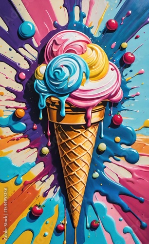 Rainbow Ice Cream Cone - Colorful Vintage Style Illustration