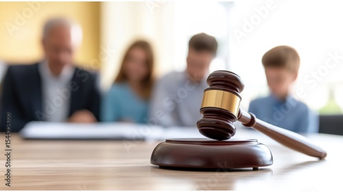 A judge's gavel in focus with a blurred family in the background, suggesting a courtroom or legal family dispute setting.
