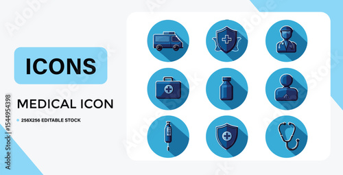 Medical Icon Set Featuring Ambulance Shield Doctor First Aid Kit and More