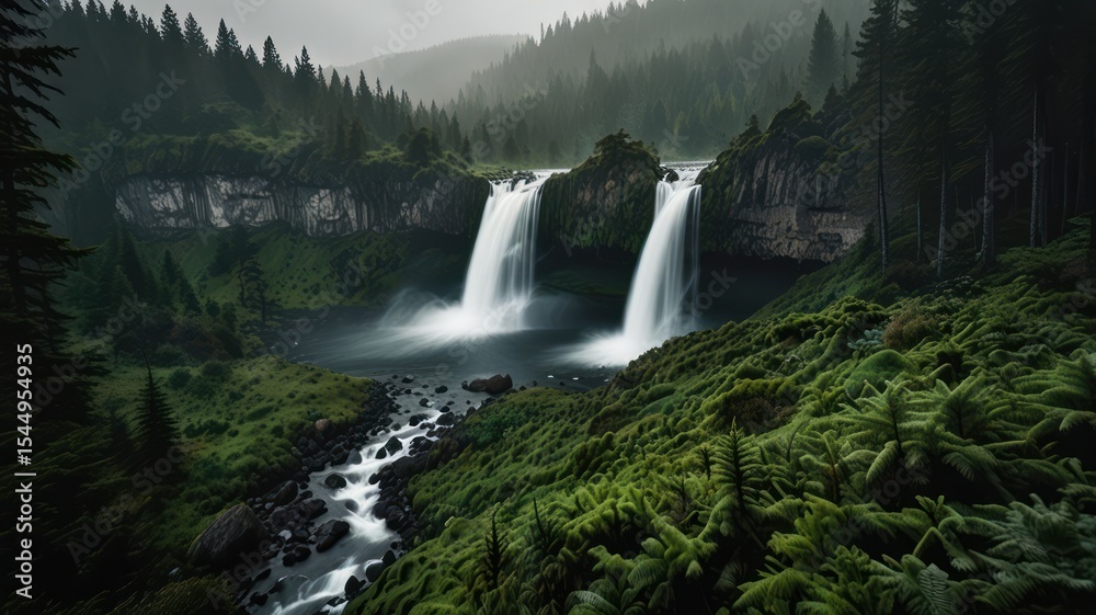 Fototapeta premium Misty waterfall cascading down rocky cliffs, nestled within a lush green forest