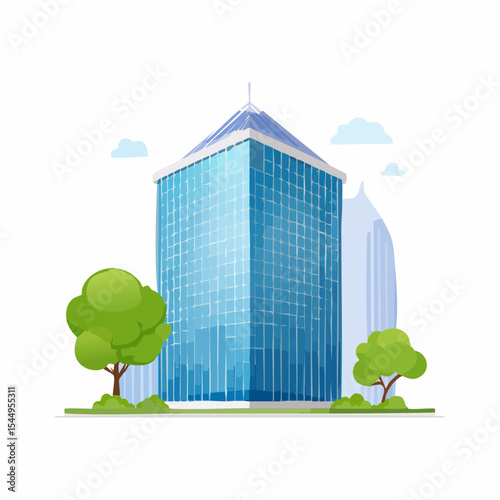 Eco-friendly building in the modern city. Sustainable glass office building with tree