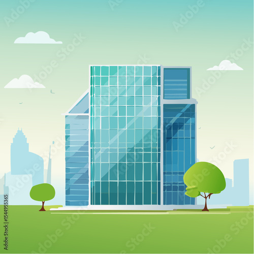 Eco-friendly building in the modern city. Sustainable glass office building with tree