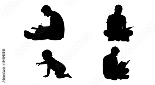 Silhouette of a family engaged in various activities