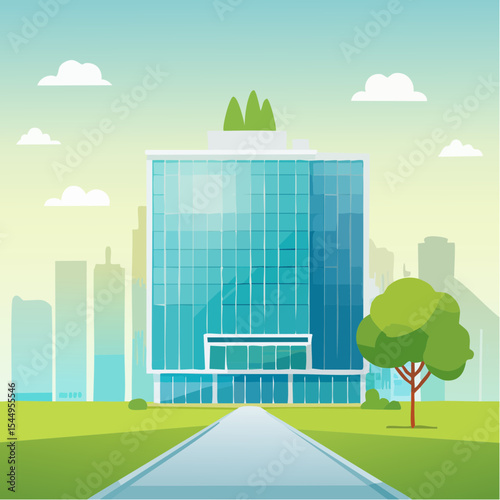 Eco-friendly building in the modern city. Sustainable glass office building with tree