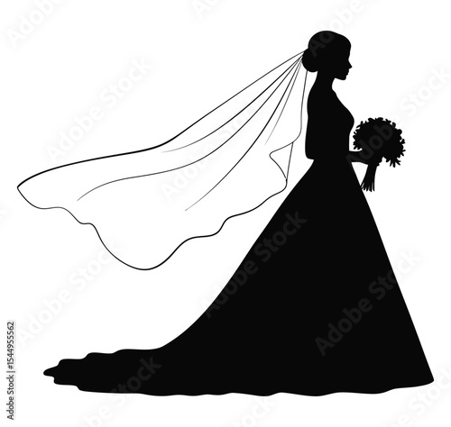 Elegant Silhouette of a Bride with Veil and Bouquet