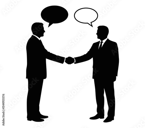 Businessmen shaking hands with thought bubbles.