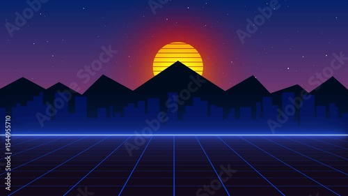 Retro Style Futuristic Landscape Background, Grid Sunset with Mountains Seamless Loop Animation