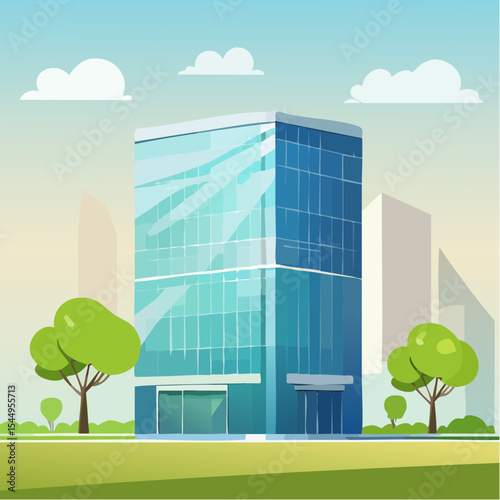 Eco-friendly building in the modern city. Sustainable glass office building with tree