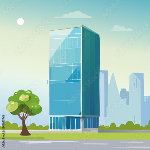 Eco-friendly building in the modern city. Sustainable glass office building with tree