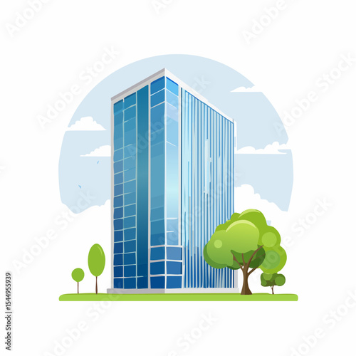 Eco-friendly building in the modern city. Sustainable glass office building with tree